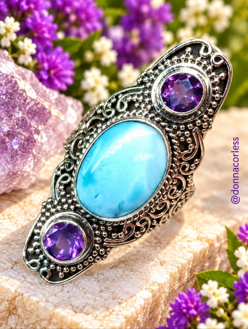Bali Legacy Larimar Amethyst 7ct Sterling Silver Statement Ring Size 8 NWT